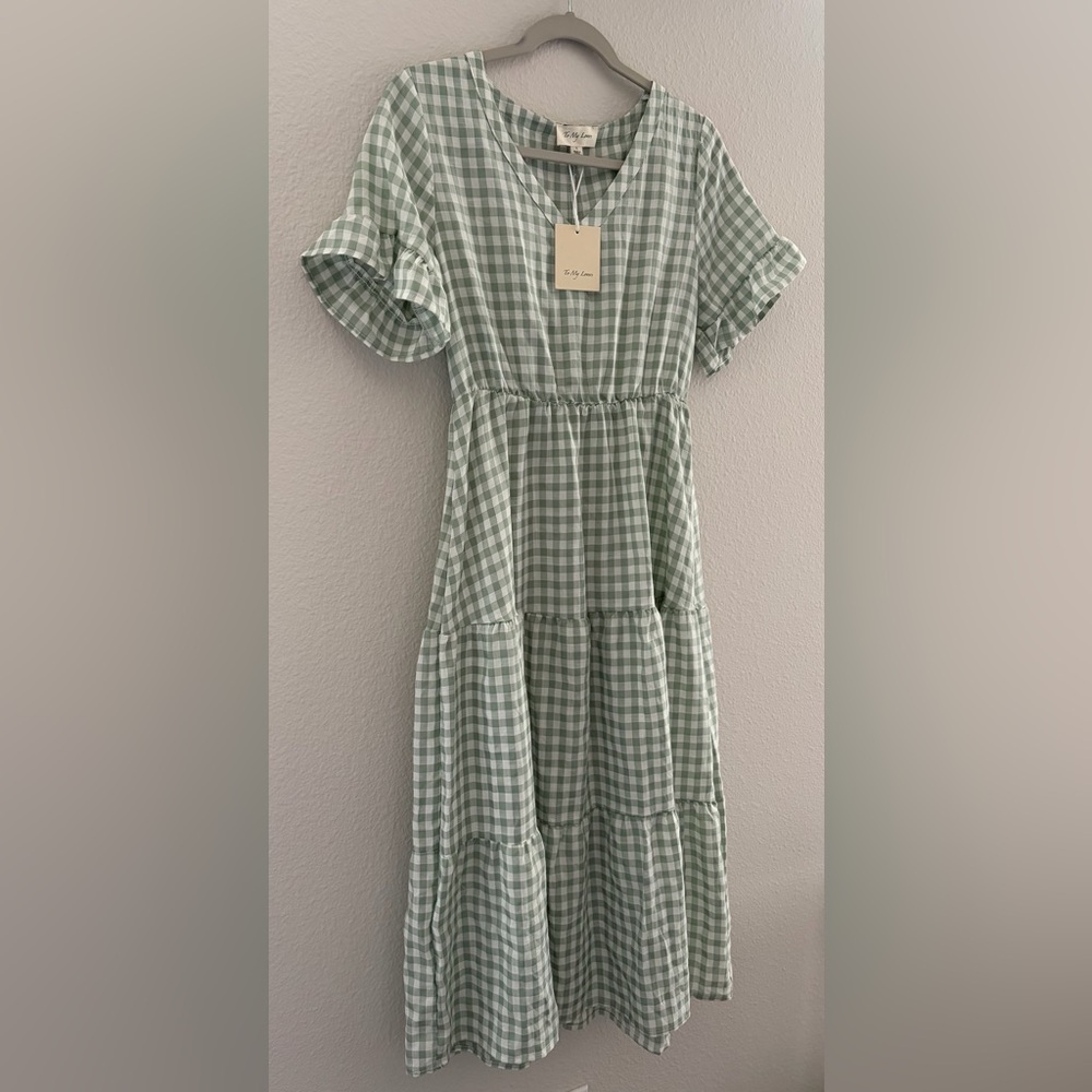 To My Lovers Sage Green Gingham Cotton Tiered Midi Dress Small NWT - Picture 6 of 12